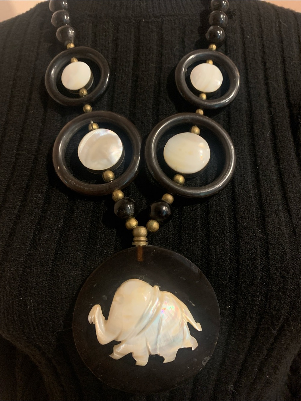 Black and White Mother-of-Pearl Elephant Pendant Necklace